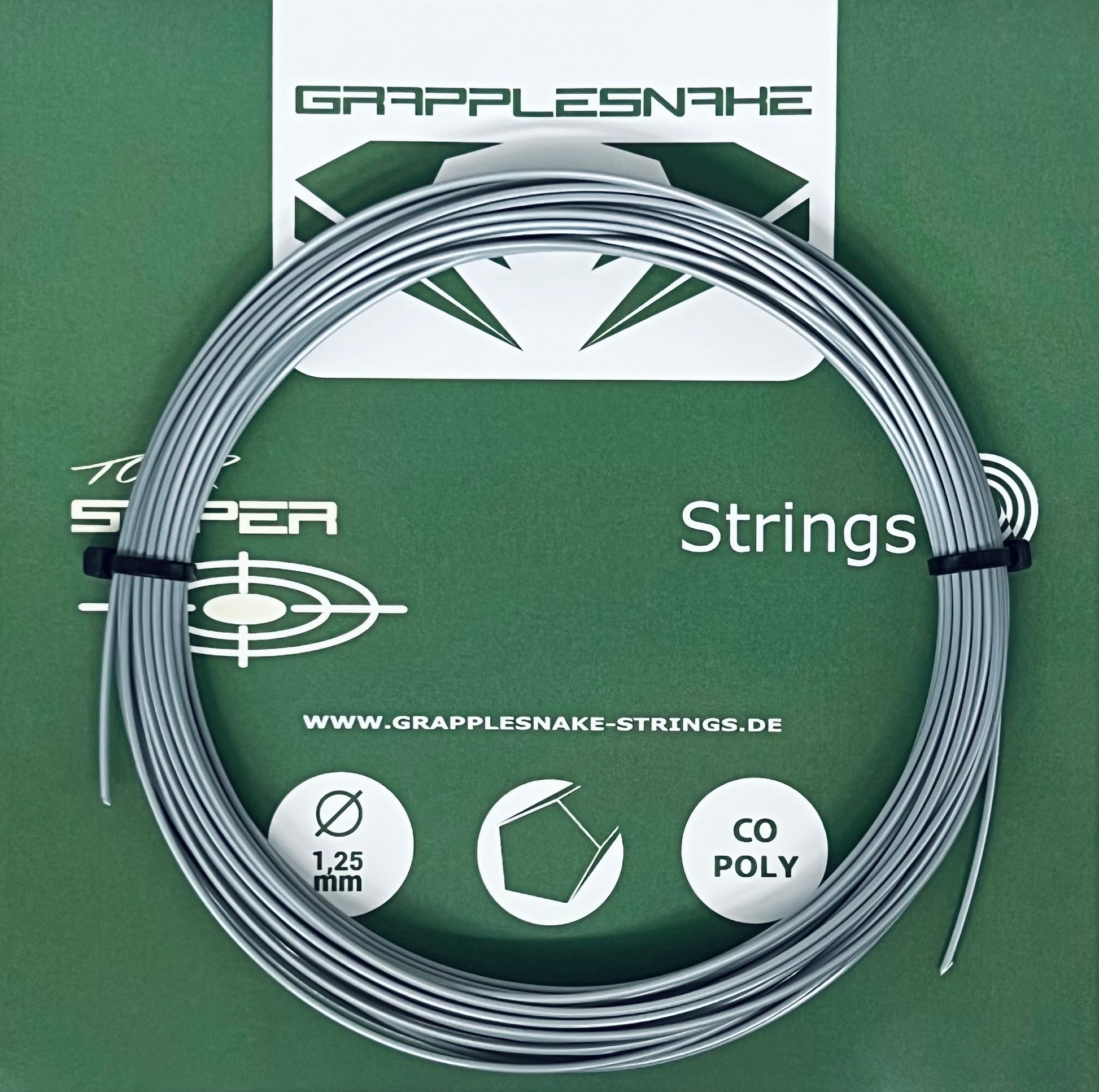 A coil of Grapplesnake Tour Sniper tennis racket string in gray color, displayed on a green background with branding and product information.