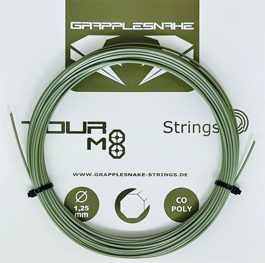 A set of Grapplesnake Tour M8 tennis strings in olive green color, packaged and coiled together with branding visible.