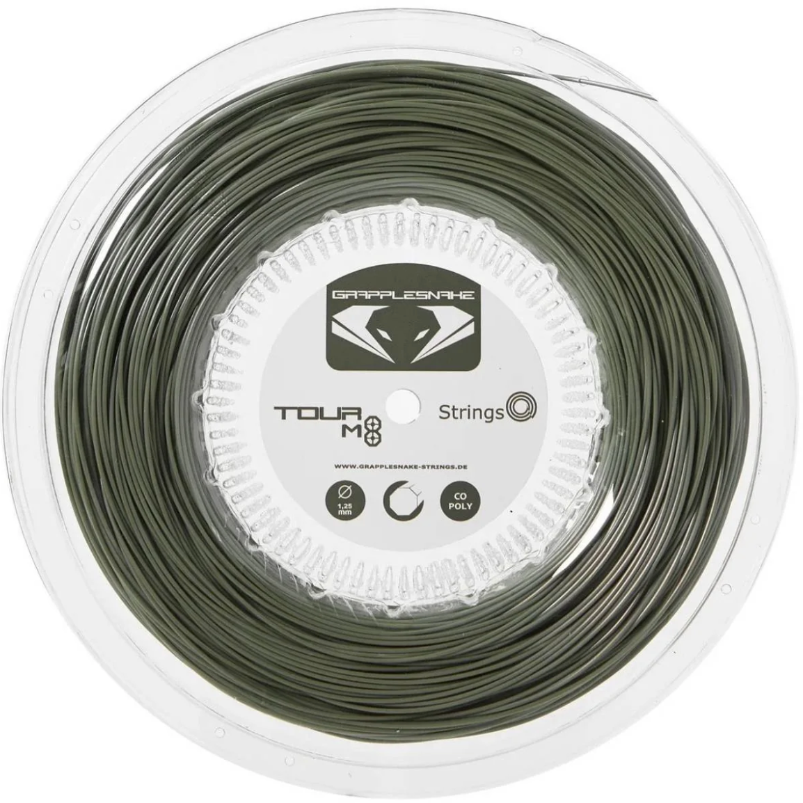 A reel of Grapplesnake Tour M8 tennis string in olive green color, packaged and coiled neatly.