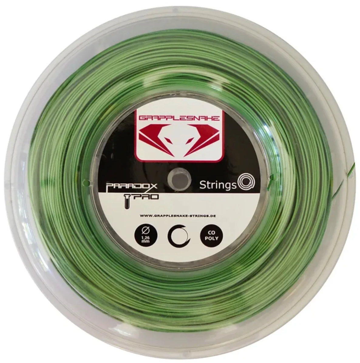 A reel of Grapplesnake Paradox Pro green fishing line, packaged in a clear plastic spool with a label that includes the product name and brand.