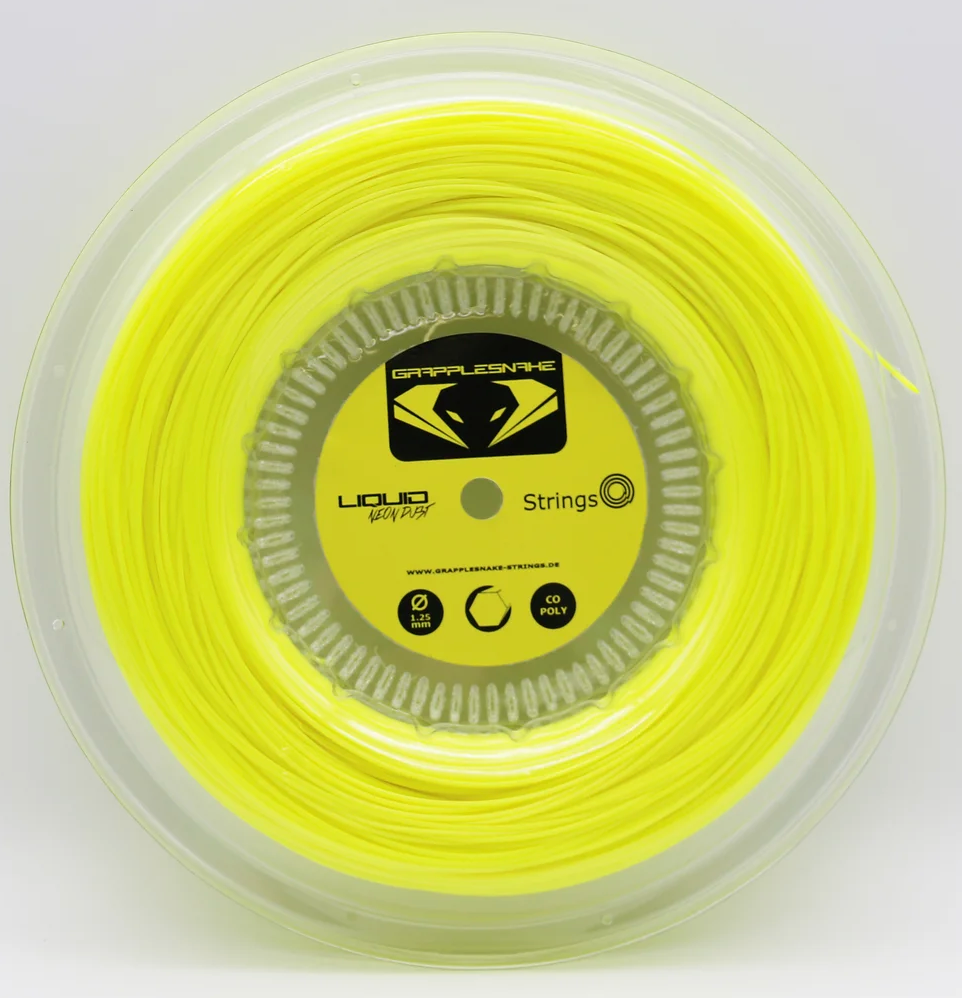 A reel of yellow liquid neon dust for fishing, packaged in a clear plastic spool with a label that includes the brand name 'Grapplesnake' and the product name 'Liquid Neon Dust'.