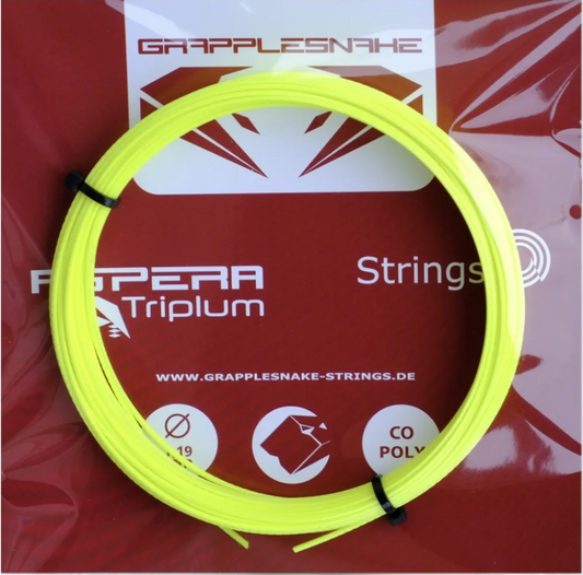 A coil of yellow tennis racket string in front of packaging with the Grapplesnake Aspera Triplum brand visible.