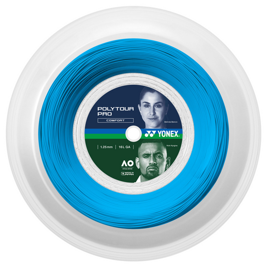 a blue reel of yonex poly tour pro tennis strings in blue and 125 gauge on a white background