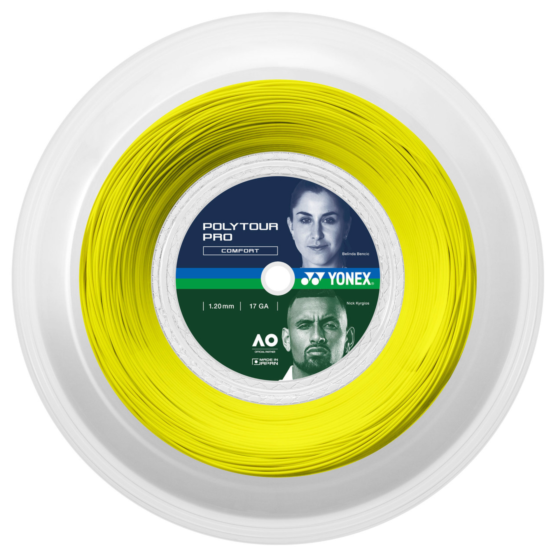 a yellow reel of yonex poly tour pro tennis strings in yellow and 120 gauge on a white background
