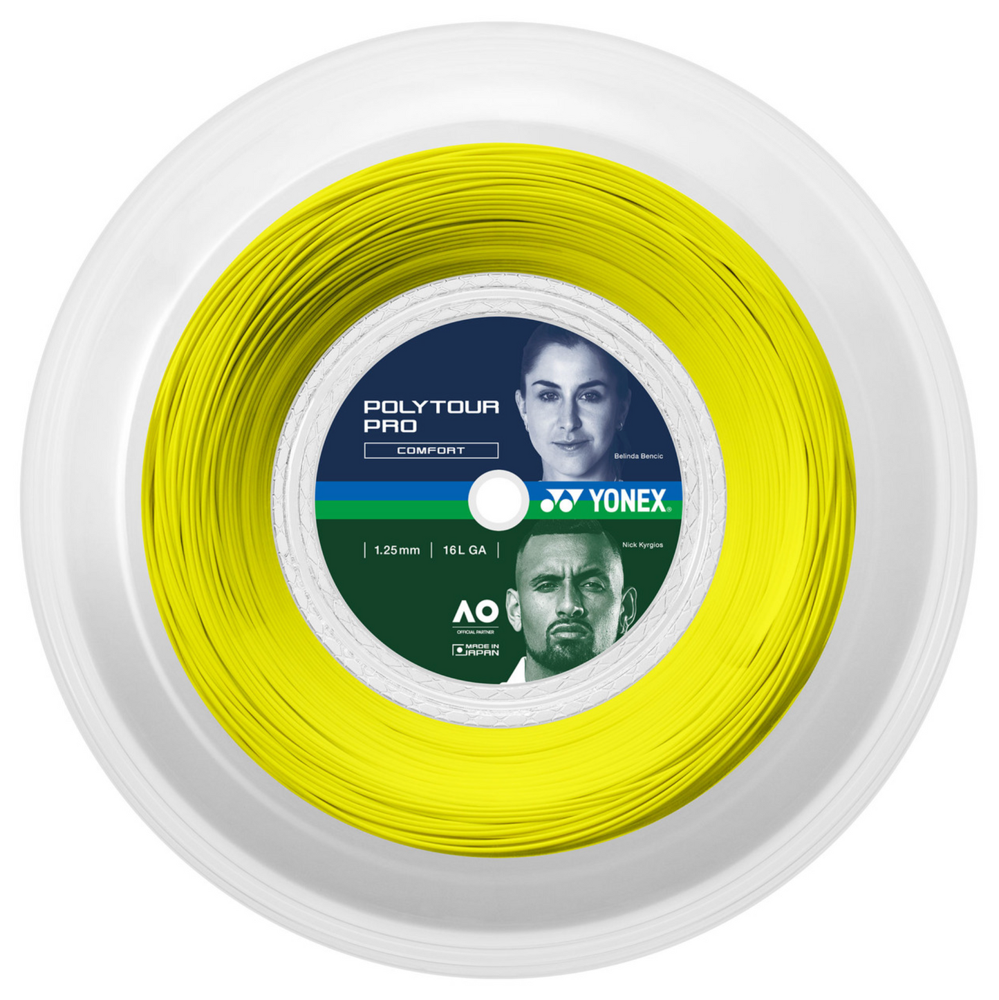 a yellow reel of yonex poly tour pro tennis strings in 125 gauge