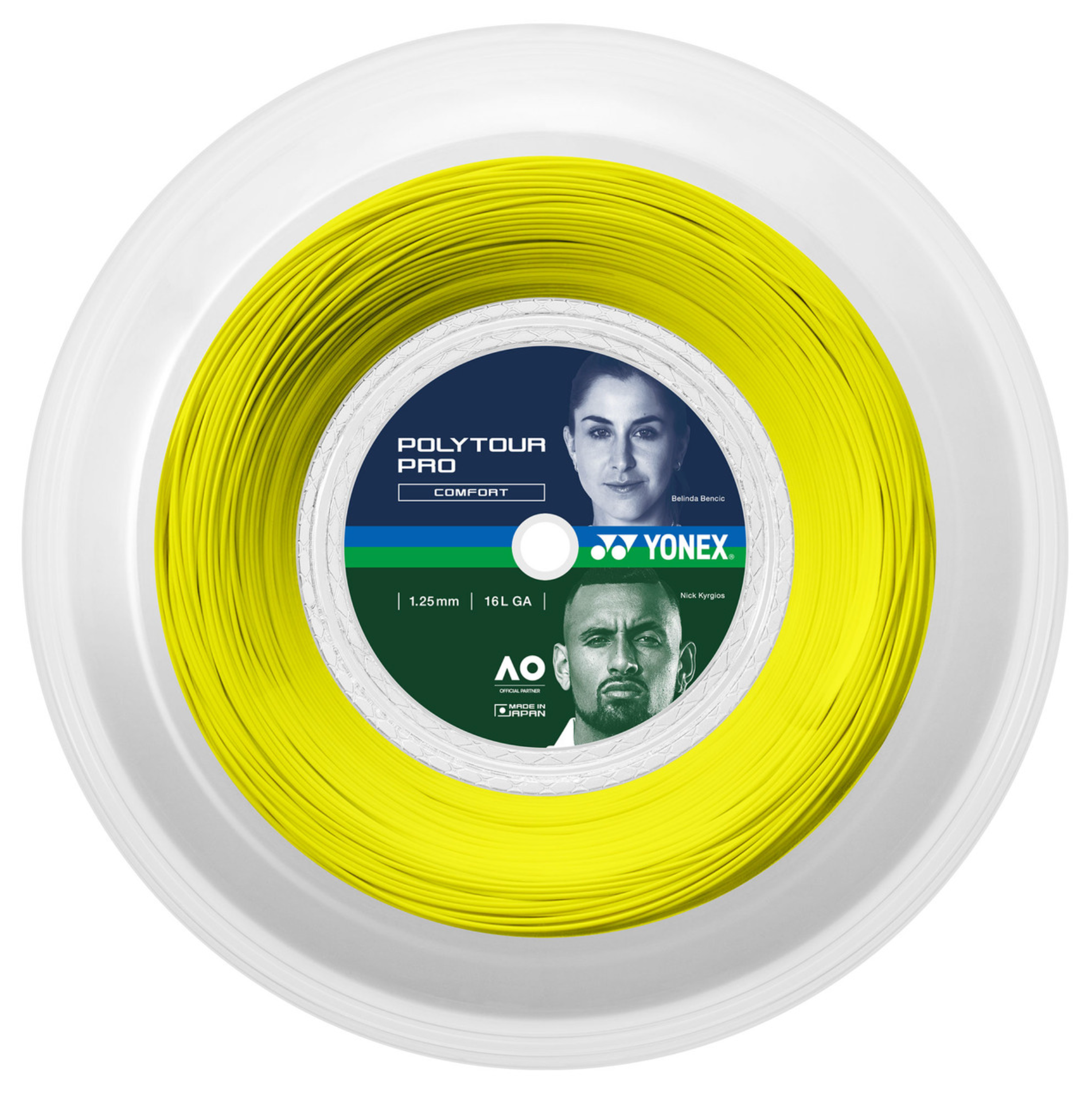 a yellow reel of yonex poly tour pro tennis strings in 125 gauge