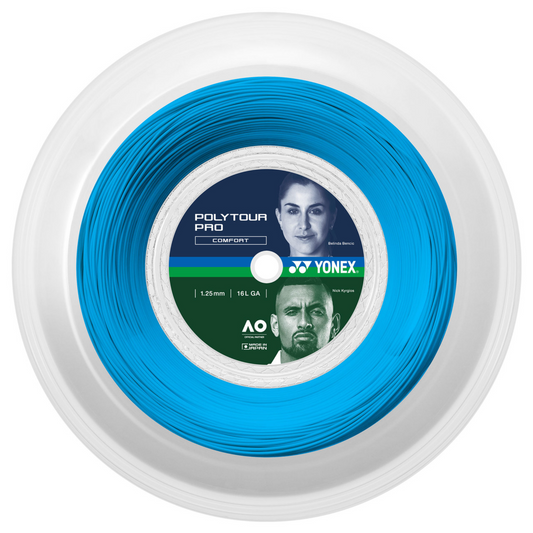 a blue reel of yonex poly tour pro tennis strings in blue and 125 gauge