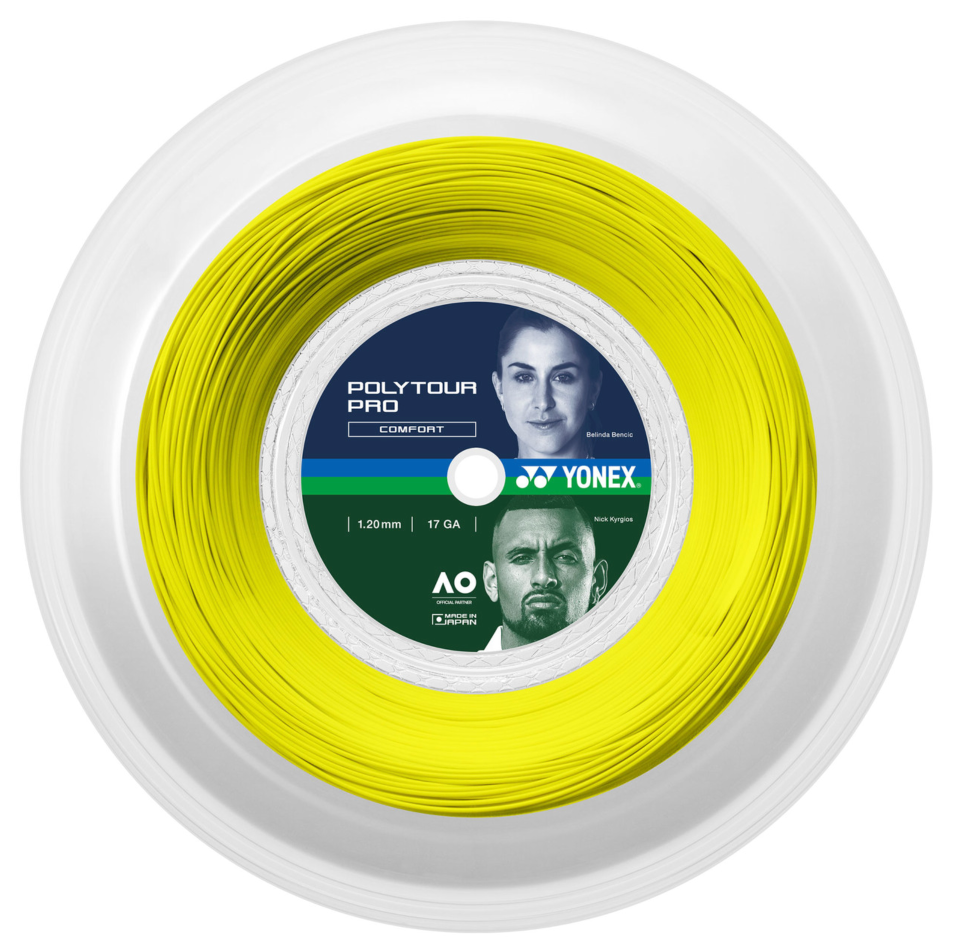 a yellow reel of yonex poly tour pro tennis strings in yellow and 120 gauge