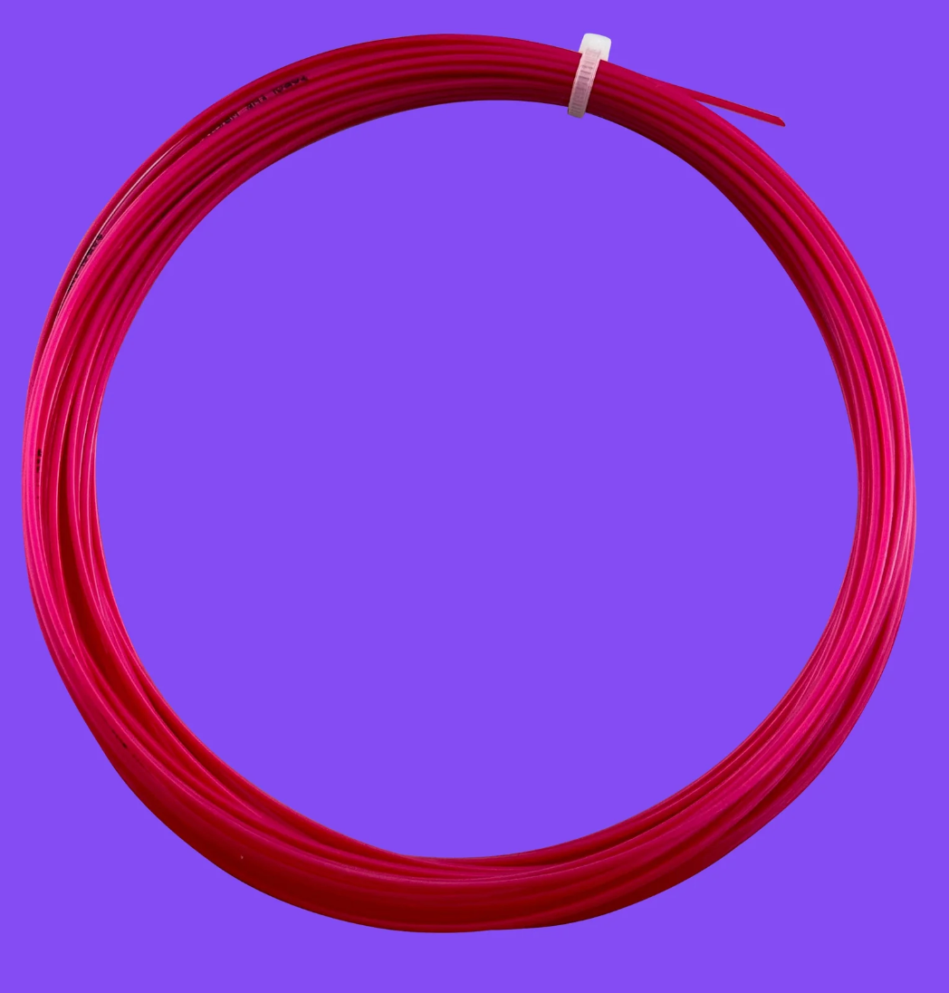 tennis strings by toroline wasabi in red on a purple background